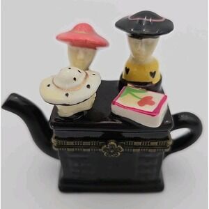 Ceramic Trinket Box Teapot Shape with‎ Heads Hats Vintage Collectible